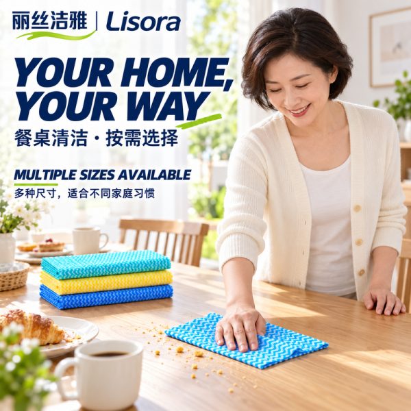 一位穿米色开衫的女性用蓝色波纹抹布擦拭木质餐桌上的早餐碎屑，桌上摆放青色、黄色和蓝色平叠抹布