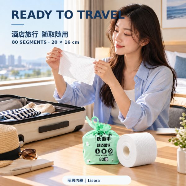 旅行场景，女士使用一次性卷面巾