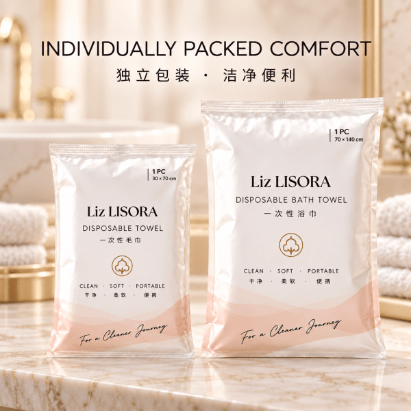 Lisora独立包装一次性毛巾与一次性浴巾，双产品同框展示