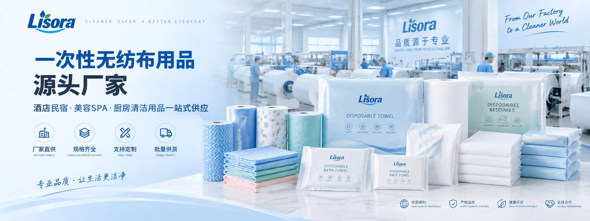 丽丝洁雅一次性无纺布用品源头厂家横幅，展示毛巾、床品等产品